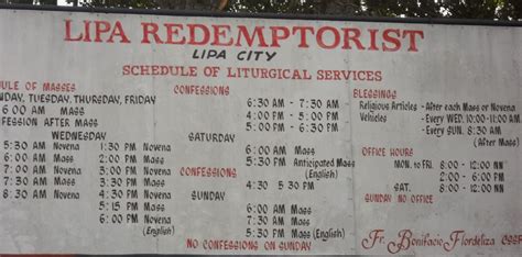 , Bajada, Davao City, Davao del Sur (show location map) telephone number: (082) 224 0478 priest: confession: Tue-Fri: -4:30PM to 5:30PM website: http://www. . Redemptorist lipa mass schedule 2022